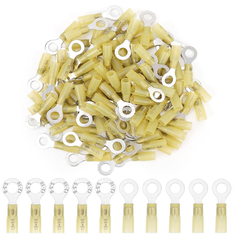PRECIHW 100 PCS 5/16'' Heat Shrink Ring Terminals (12-10 AWG), Insulated Ring Terminals, Nylon Eyelet Wire Connectors, Insulated Crimp Electrical Connectors, Marine Grade Ring Terminals for Automotive, Audio - Image 1